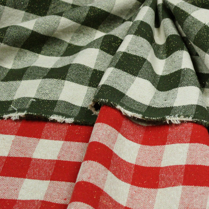 Tissu coton VICHY LUREX grands carreaux 25mm : rouge doré ou kaki doré ! - tissuspipi.com
