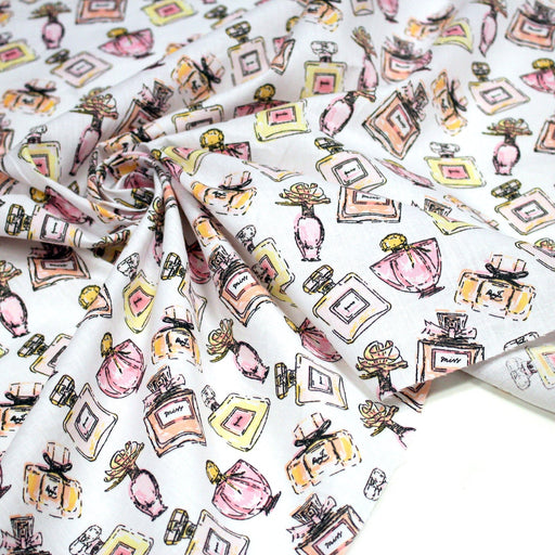 Tissu cotonnade MAKE - UP GIRLY, motifs bouteilles de parfum multicolores - tissuspipi.com