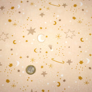 Tissu cotonnade enfant, LA VOIE LACTEE, les étoiles et la lune, tons corail - OEKO - TEX STANDARD 100 - tissuspipi.com