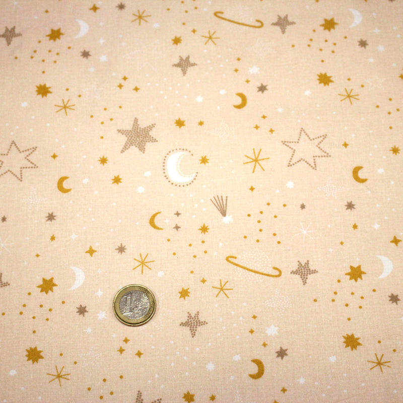Tissu cotonnade enfant, LA VOIE LACTEE, les étoiles et la lune, tons corail - OEKO - TEX STANDARD 100 - tissuspipi.com