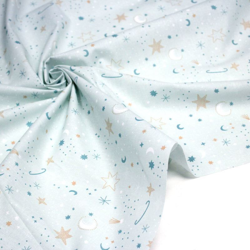 Tissu cotonnade enfant, LA VOIE LACTEE, les étoiles et la lune, tons bleus - OEKO - TEX STANDARD 100 - tissuspipi.com