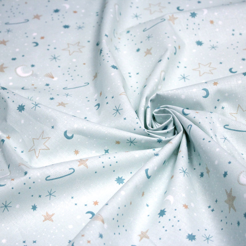 Tissu cotonnade enfant, LA VOIE LACTEE, les étoiles et la lune, tons bleus - OEKO - TEX STANDARD 100 - tissuspipi.com