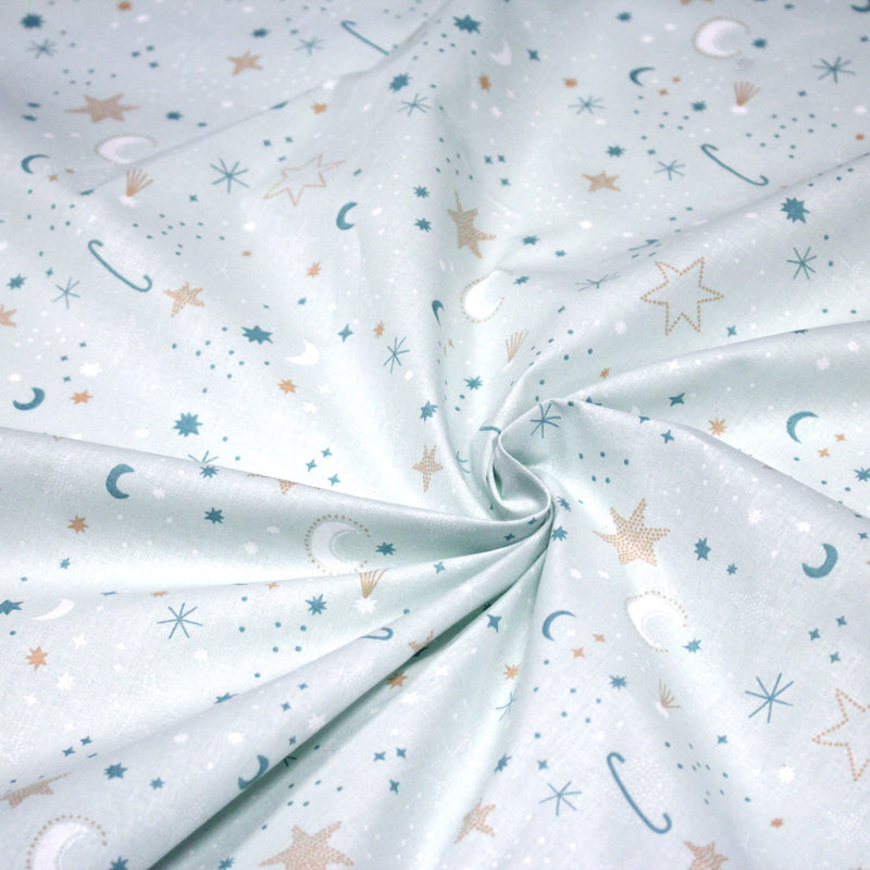 Tissu cotonnade enfant, LA VOIE LACTEE, les étoiles et la lune, tons bleus - OEKO - TEX STANDARD 100 - tissuspipi.com
