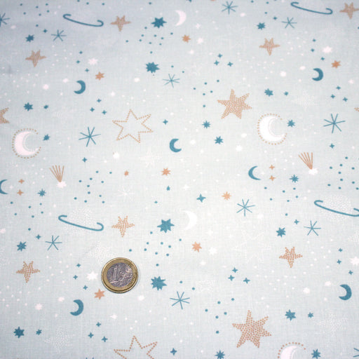 Tissu cotonnade enfant, LA VOIE LACTEE, les étoiles et la lune, tons bleus - OEKO - TEX STANDARD 100 - tissuspipi.com