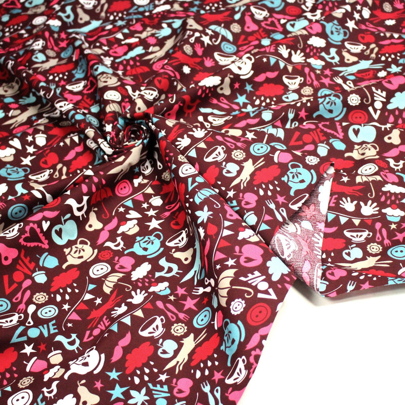 Tissu cotonnade – LOVE LOVE KITCHEN – cuisine illustrée, tons rose fuchsia & bleus - tissuspipi.com