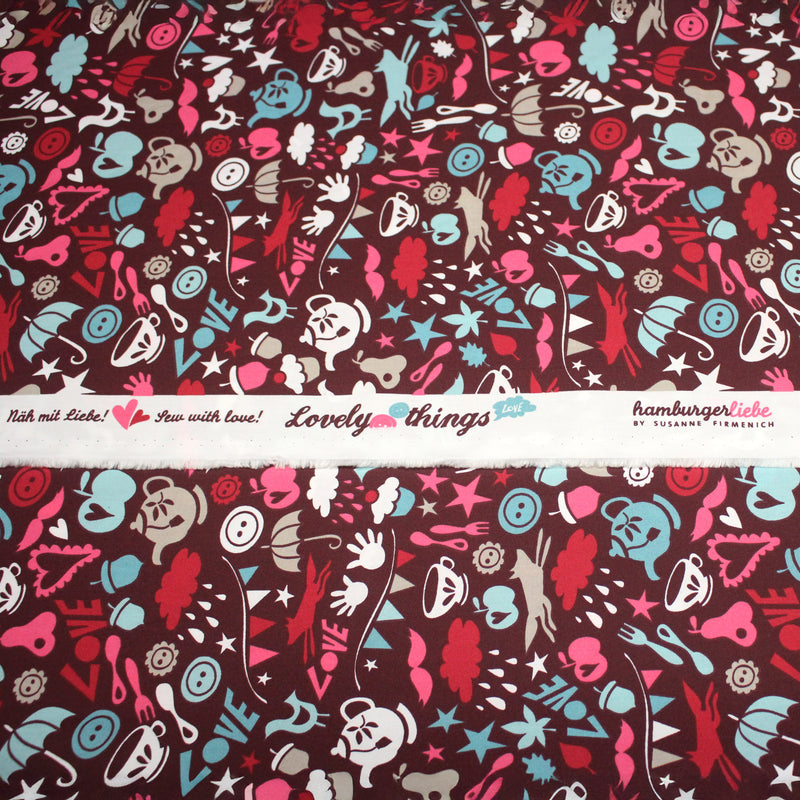 Tissu cotonnade – LOVE LOVE KITCHEN – cuisine illustrée, tons rose fuchsia & bleus - tissuspipi.com