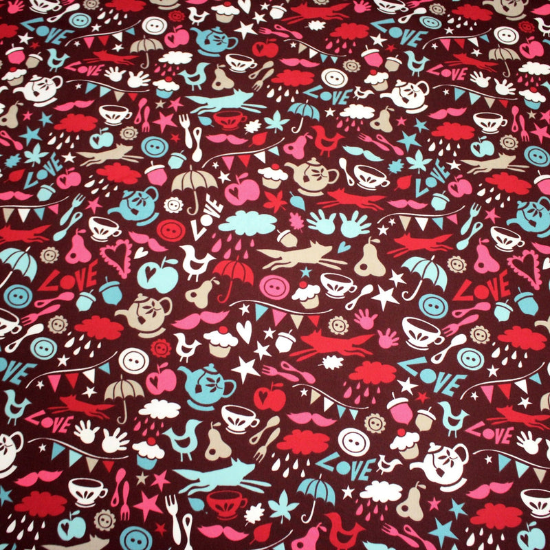 Tissu cotonnade – LOVE LOVE KITCHEN – cuisine illustrée, tons rose fuchsia & bleus - tissuspipi.com