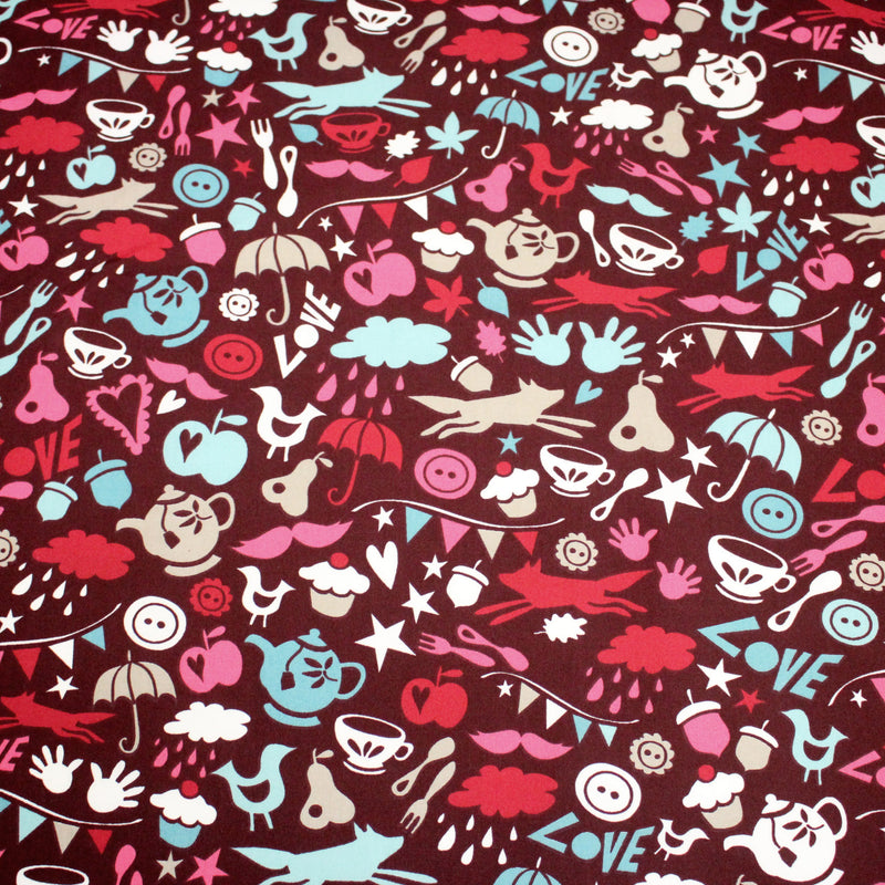 Tissu cotonnade – LOVE LOVE KITCHEN – cuisine illustrée, tons rose fuchsia & bleus - tissuspipi.com