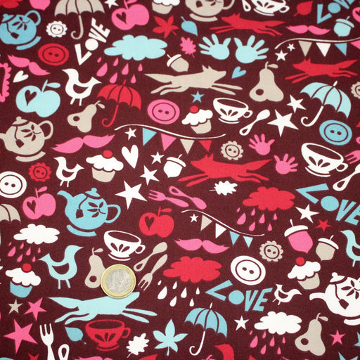 Tissu cotonnade – LOVE LOVE KITCHEN – cuisine illustrée, tons rose fuchsia & bleus - tissuspipi.com