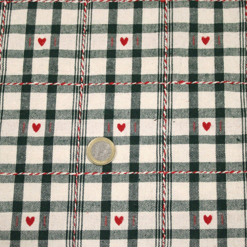 Tissu coton épais COEUR DES ALPES : carreaux traditionnels de chalet & petits cœurs tissés – 2 coloris disponibles - tissuspipi.com