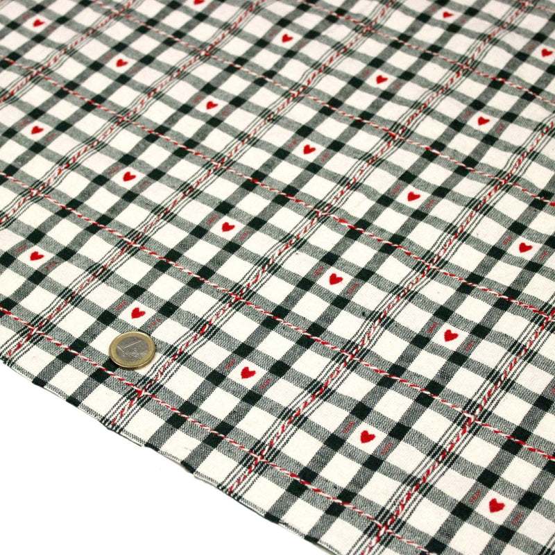 Tissu coton épais COEUR DES ALPES : carreaux traditionnels de chalet & petits cœurs tissés – 2 coloris disponibles - tissuspipi.com