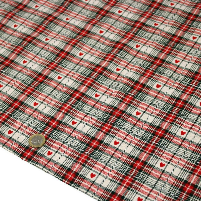 Tissu coton épais COEUR DES ALPES : carreaux traditionnels de chalet & petits cœurs tissés – 2 coloris disponibles - tissuspipi.com