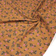 Tissu velours milleraies imprimé ocre aux fines fleurs roses & fines feuilles - STANDARD 100 OEKO-TEX - tissuspipi.com