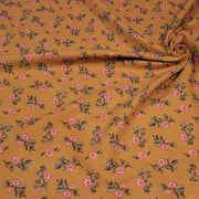 Tissu velours milleraies imprimé ocre aux fines fleurs roses & fines feuilles - STANDARD 100 OEKO-TEX - tissuspipi.com