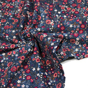 Tissu velours milleraies imprimé fleuri bleu Prusse aux fines fleurs corail, byzantin, blanches - STANDARD 100 OEKO-TEX - tissuspipi.com