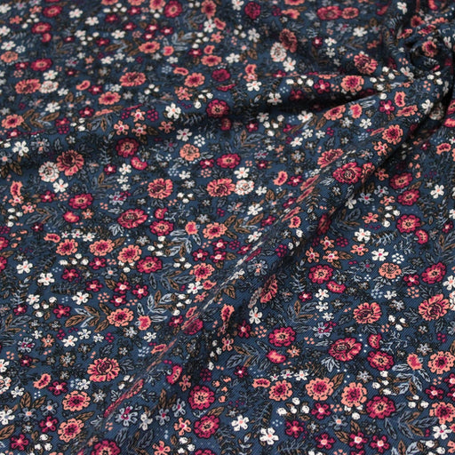 Tissu velours milleraies imprimé fleuri bleu Prusse aux fines fleurs corail, byzantin, blanches - STANDARD 100 OEKO-TEX - tissuspipi.com