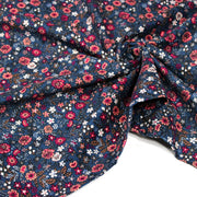 Tissu velours milleraies imprimé fleuri bleu Prusse aux fines fleurs corail, byzantin, blanches - STANDARD 100 OEKO-TEX - tissuspipi.com