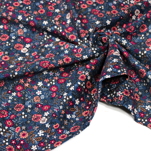 Tissu velours milleraies imprimé fleuri bleu Prusse aux fines fleurs corail, byzantin, blanches - STANDARD 100 OEKO-TEX - tissuspipi.com