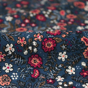Tissu velours milleraies imprimé fleuri bleu Prusse aux fines fleurs corail, byzantin, blanches - STANDARD 100 OEKO-TEX - tissuspipi.com