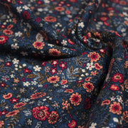 Tissu velours milleraies imprimé fleuri bleu Prusse aux fines fleurs corail, byzantin, blanches - STANDARD 100 OEKO-TEX - tissuspipi.com