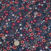Tissu velours milleraies imprimé fleuri bleu Prusse aux fines fleurs corail, byzantin, blanches - STANDARD 100 OEKO-TEX - tissuspipi.com