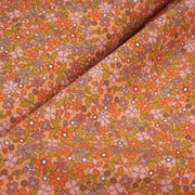 Tissu cotonnade fleuri corail aux fines fleurs roses, ocres et parme - OEKO - TEX STANDARD 100 - tissuspipi.com
