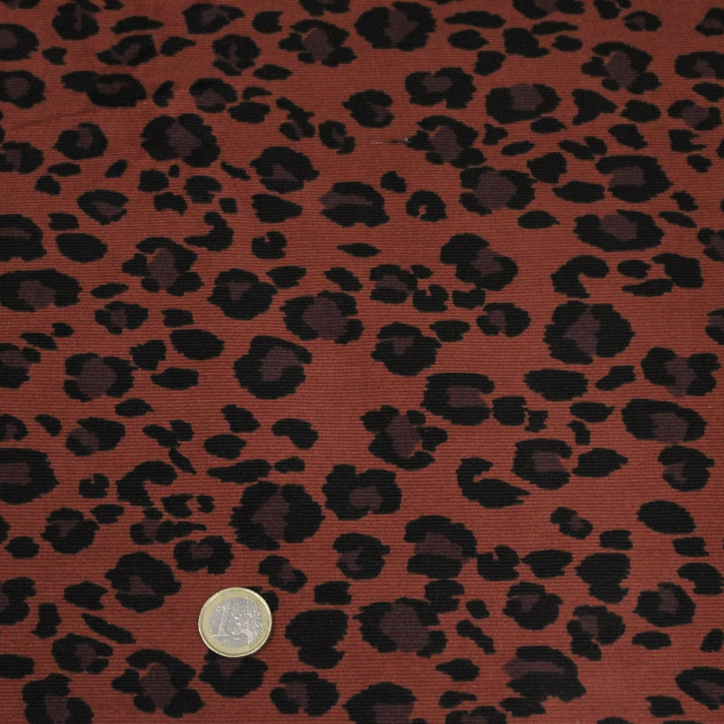 Tissu velours milleraies imprimé Léopard Terre de Sienne, noir, chocolat - STANDARD 100 OEKO-TEX - tissuspipi.com