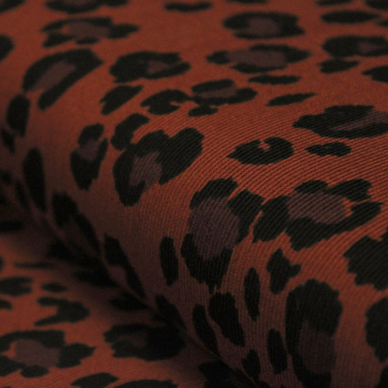 Tissu velours milleraies imprimé Léopard Terre de Sienne, noir, chocolat - STANDARD 100 OEKO-TEX - tissuspipi.com