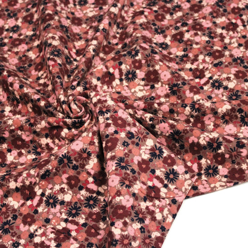 Tissu velours milleraies imprimé aux fleurs roses, cacao, rose pale, noir, taupe - STANDARD 100 OEKO-TEX - tissuspipi.com