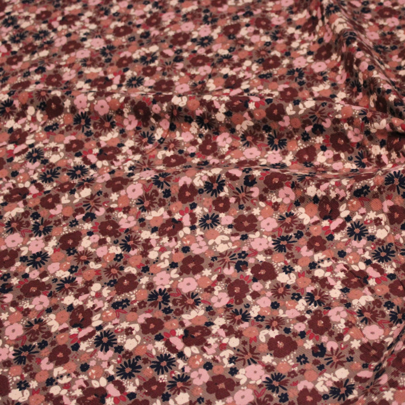 Tissu velours milleraies imprimé aux fleurs roses, cacao, rose pale, noir, taupe - STANDARD 100 OEKO-TEX - tissuspipi.com