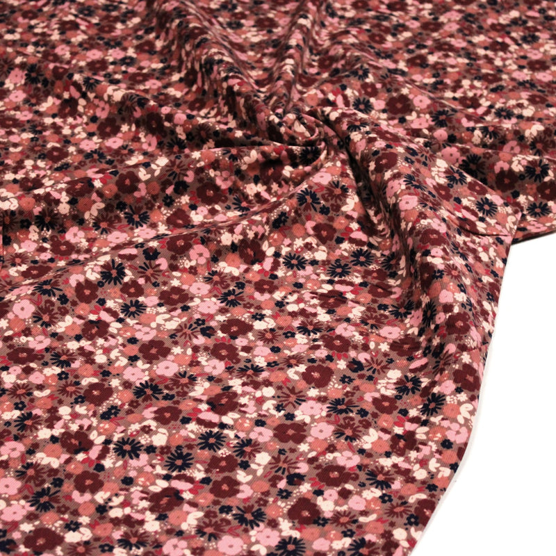 Tissu velours milleraies imprimé aux fleurs roses, cacao, rose pale, noir, taupe - STANDARD 100 OEKO-TEX - tissuspipi.com