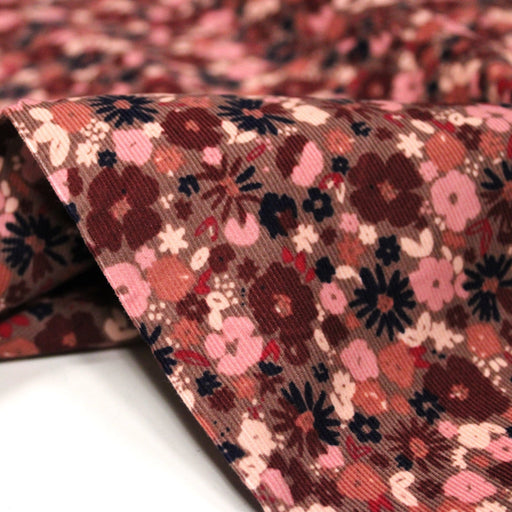 Tissu velours milleraies imprimé aux fleurs roses, cacao, rose pale, noir, taupe - STANDARD 100 OEKO-TEX - tissuspipi.com