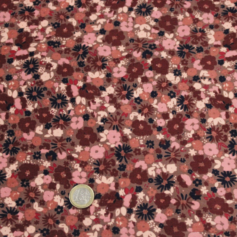 Tissu velours milleraies imprimé aux fleurs roses, cacao, rose pale, noir, taupe - STANDARD 100 OEKO-TEX - tissuspipi.com