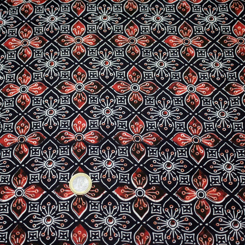 Tissu coton fin imprimé INDIENNES, noir aux motifs floraux géométriques - STANDARD 100 OEKO - TEX - tissuspipi.com