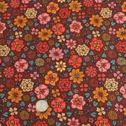 Tissu velours milleraies imprimé SEVENTIES choco aux fleurs rouge roses oranges - STANDARD 100 OEKO-TEX - tissuspipi.com