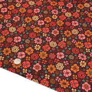 Tissu velours milleraies imprimé SEVENTIES choco aux fleurs rouge roses oranges - STANDARD 100 OEKO-TEX - tissuspipi.com