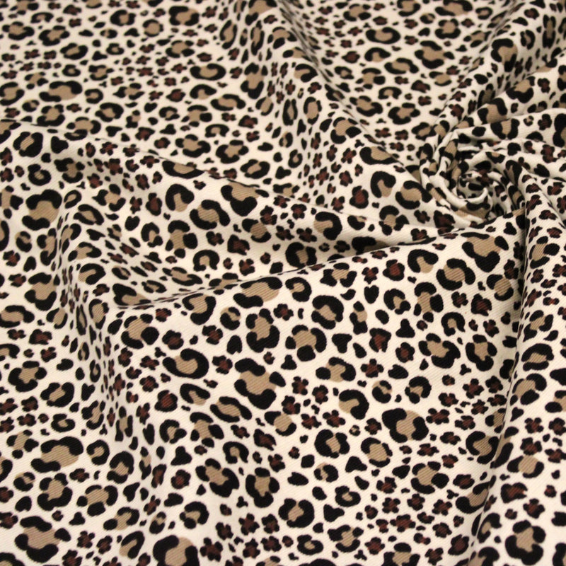 Tissu velours milleraies imprimé Léopard écru, noir, marron, grège - STANDARD 100 OEKO-TEX - tissuspipi.com