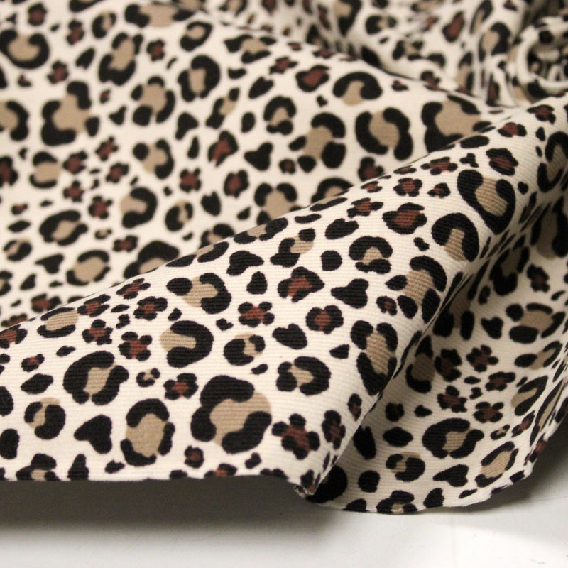 Tissu velours milleraies imprimé Léopard écru, noir, marron, grège - STANDARD 100 OEKO-TEX - tissuspipi.com