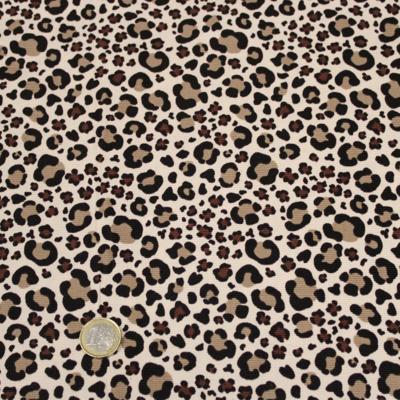 Tissu velours milleraies imprimé Léopard écru, noir, marron, grège - STANDARD 100 OEKO-TEX - tissuspipi.com