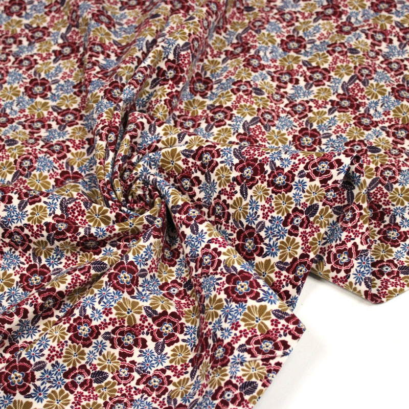 Tissu velours milleraies imprimé écru aux fleurs bordeaux, ocre, fleur pétrole - STANDARD 100 OEKO-TEX - tissuspipi.com