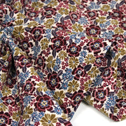 Tissu velours milleraies imprimé écru aux fleurs bordeaux, ocre, fleur pétrole - STANDARD 100 OEKO-TEX - tissuspipi.com