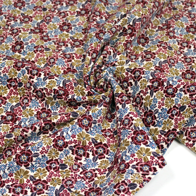 Tissu velours milleraies imprimé écru aux fleurs bordeaux, ocre, fleur pétrole - STANDARD 100 OEKO-TEX - tissuspipi.com