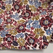Tissu velours milleraies imprimé écru aux fleurs bordeaux, ocre, fleur pétrole - STANDARD 100 OEKO-TEX - tissuspipi.com