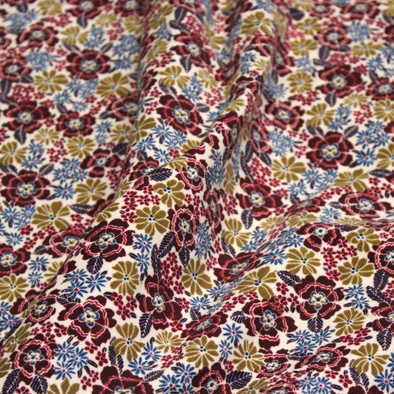 Tissu velours milleraies imprimé écru aux fleurs bordeaux, ocre, fleur pétrole - STANDARD 100 OEKO-TEX - tissuspipi.com