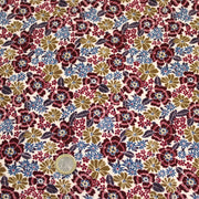 Tissu velours milleraies imprimé écru aux fleurs bordeaux, ocre, fleur pétrole - STANDARD 100 OEKO-TEX - tissuspipi.com