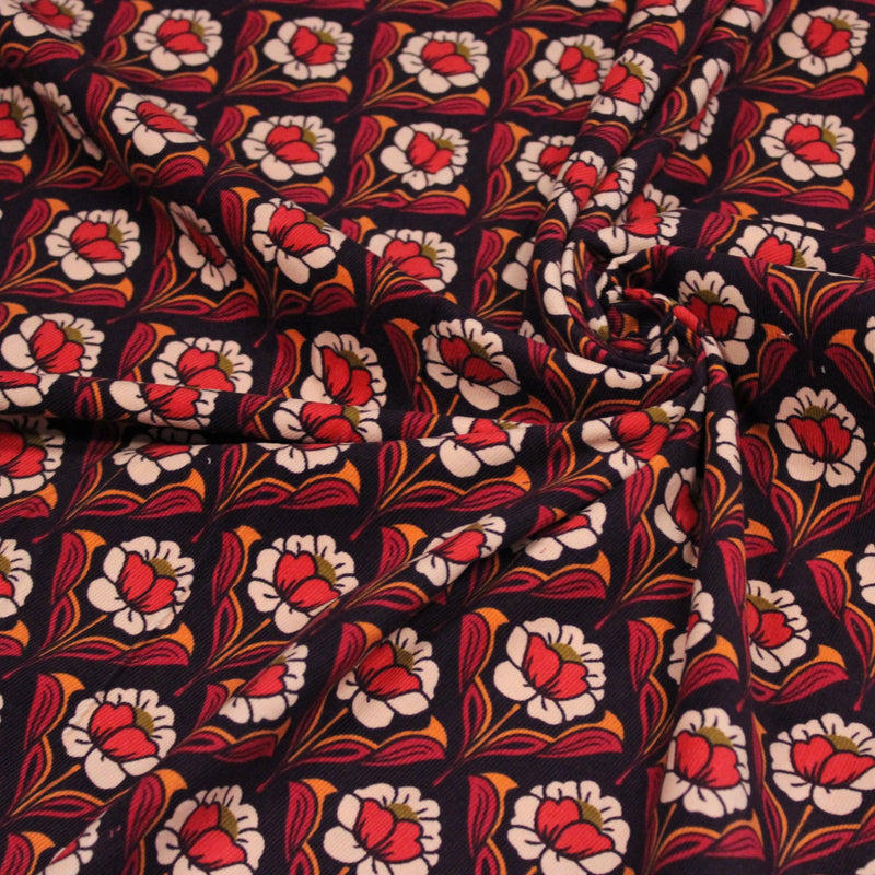 Tissu velours milleraies imprimé ART NOUVEAU aux fleurs géométriques corail rouges oranges - STANDARD 100 OEKO-TEX - tissuspipi.com
