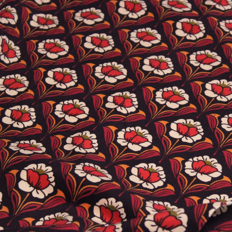 Tissu velours milleraies imprimé ART NOUVEAU aux fleurs géométriques corail rouges oranges - STANDARD 100 OEKO-TEX - tissuspipi.com