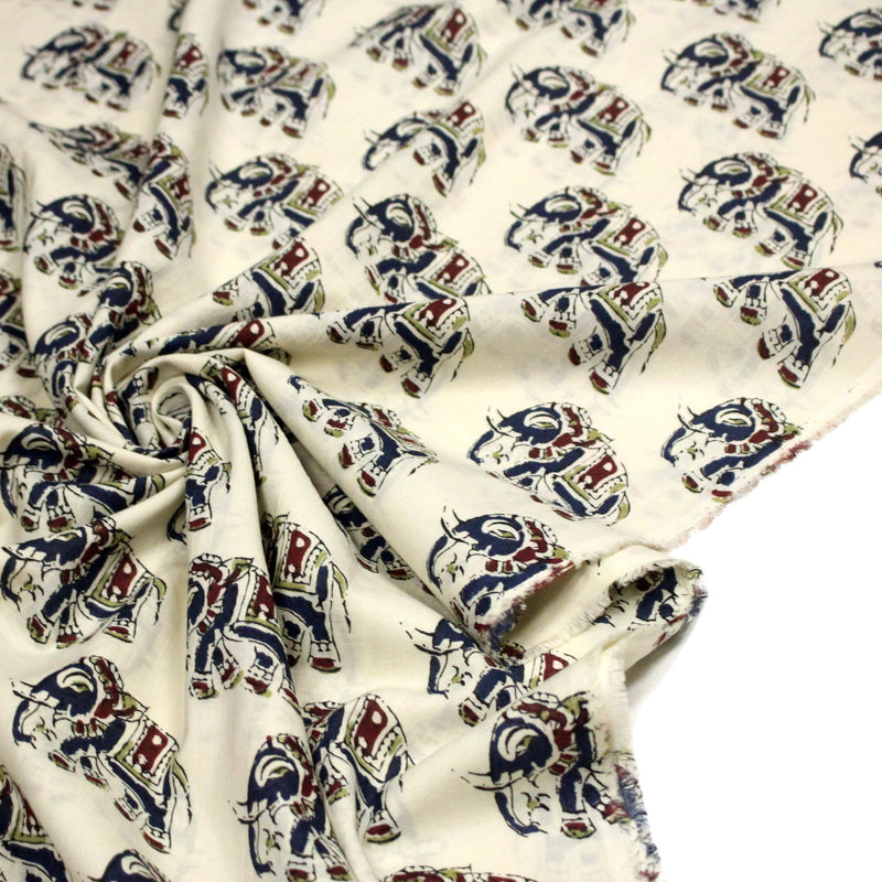 Tissu coton fin imprimé INDIENNES, écru aux éléphants - STANDARD 100 OEKO - TEX - tissuspipi.com