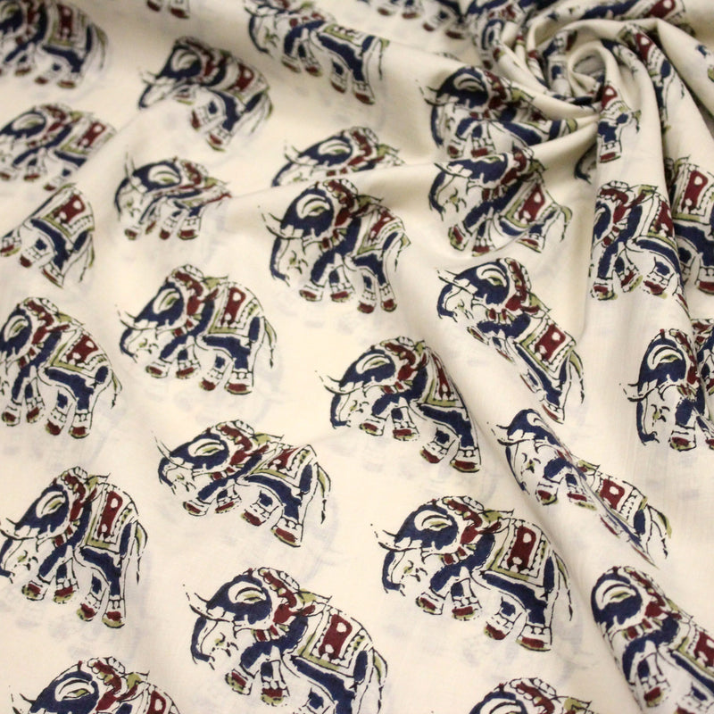 Tissu coton fin imprimé INDIENNES, écru aux éléphants - STANDARD 100 OEKO - TEX - tissuspipi.com