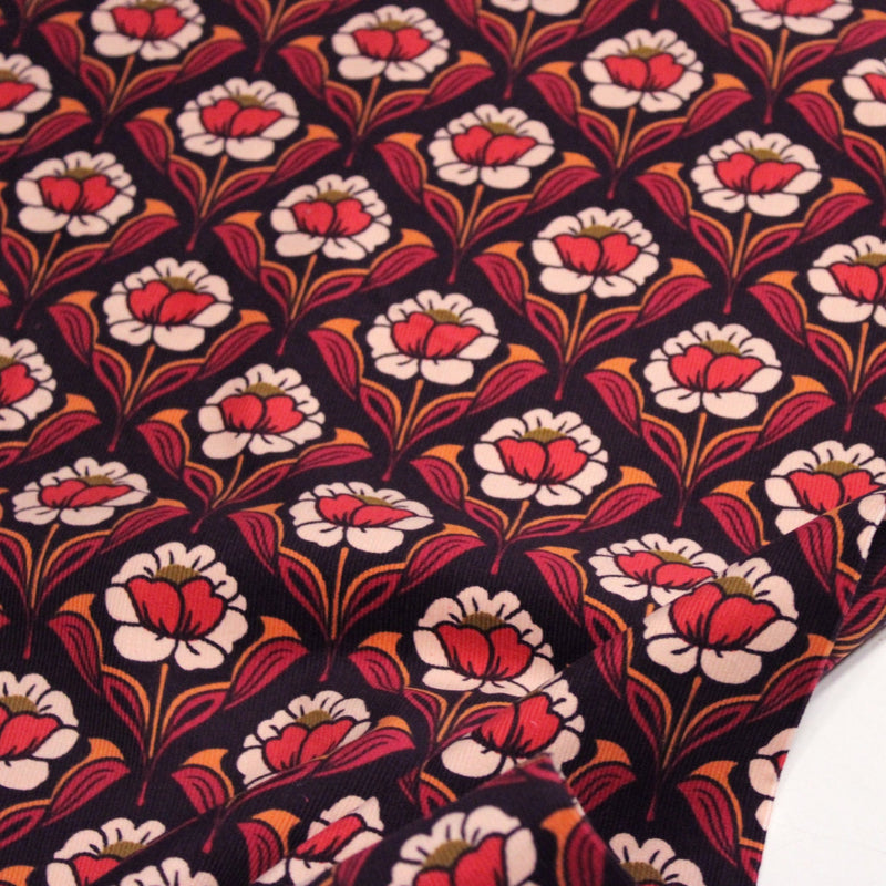 Tissu velours milleraies imprimé ART NOUVEAU aux fleurs géométriques corail rouges oranges - STANDARD 100 OEKO-TEX - tissuspipi.com